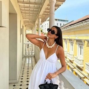 Commense Boho Coastal White Cotton Spaghetti Strap Backless Beach Sundress‎ S